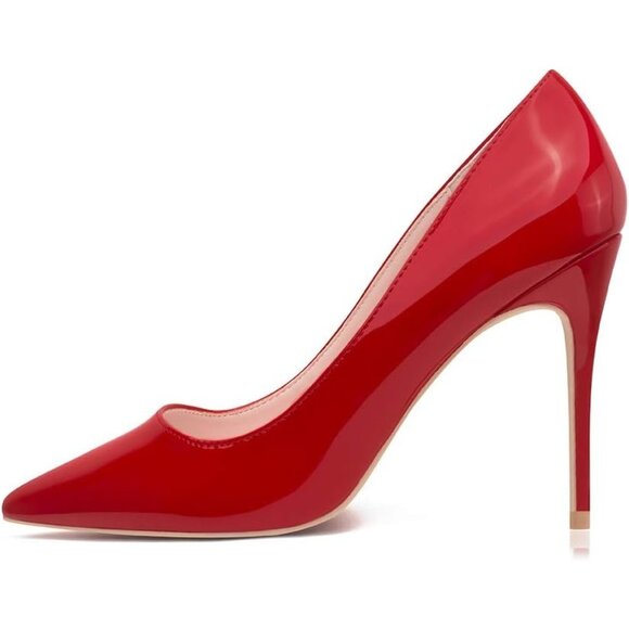 Women Red Polyurethane Closed Pointed Toe Stiletto High Heel Shoes Pumps - Picture 4 of 8